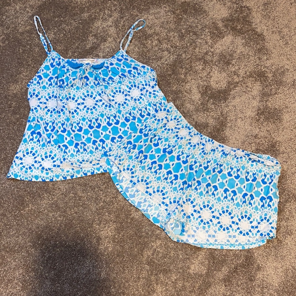 Linea Donatella Blue White Print Pajama Set Camisole Shorts SIZE L
